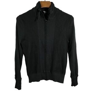 CLUB MONACO BLACK Full Zip Wool Sweater‎ Ribbed Cotton Sleeves Size Medium